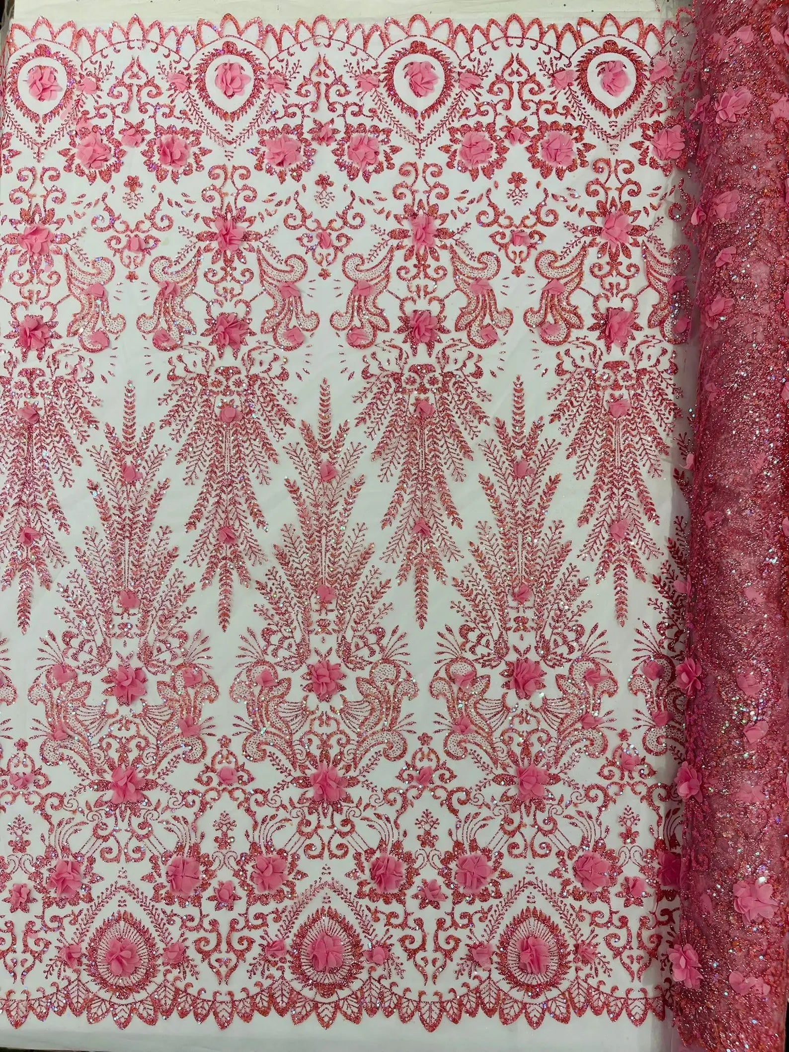 PINK - Floral 3D Floral Damask with Glitter in a Mesh Lace- Sold By The Yard.