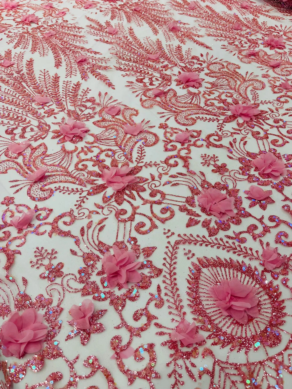 PINK - Floral 3D Floral Damask with Glitter in a Mesh Lace- Sold By The Yard.