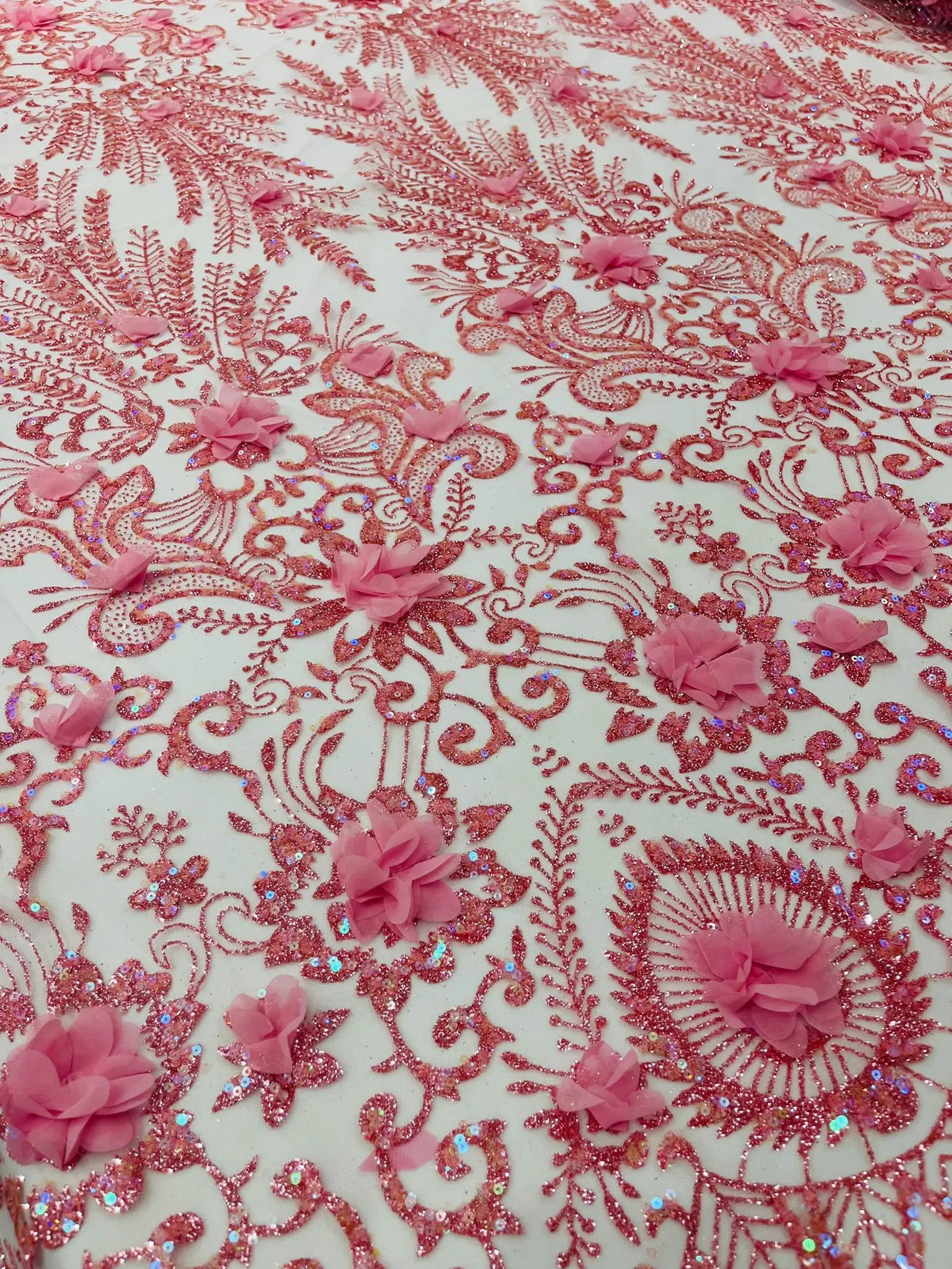 PINK - Floral 3D Floral Damask with Glitter in a Mesh Lace- Sold By The Yard.