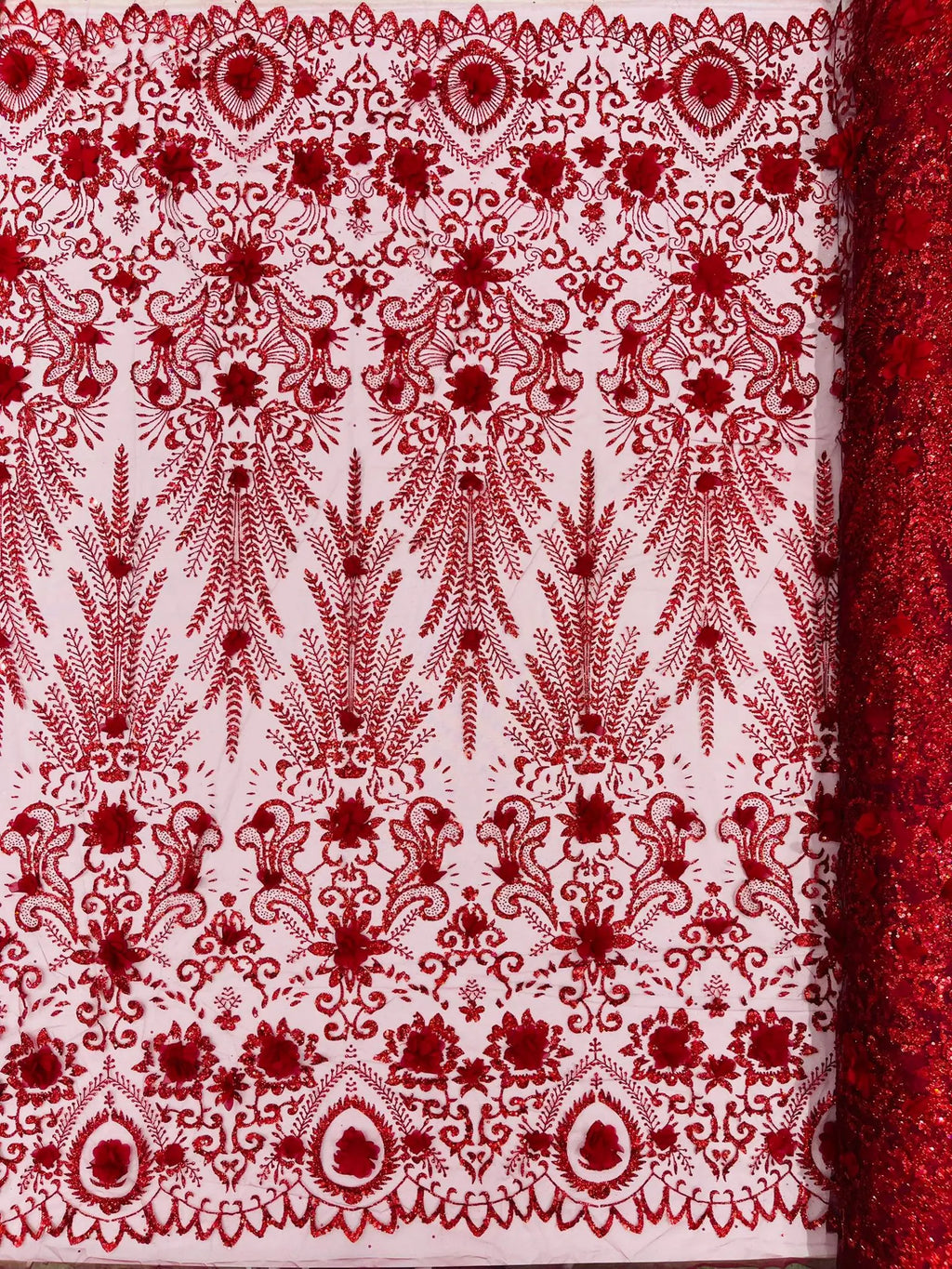 BURGUNDY - Floral 3D Floral Damask with Glitter in a Mesh Lace- Sold By The Yard.