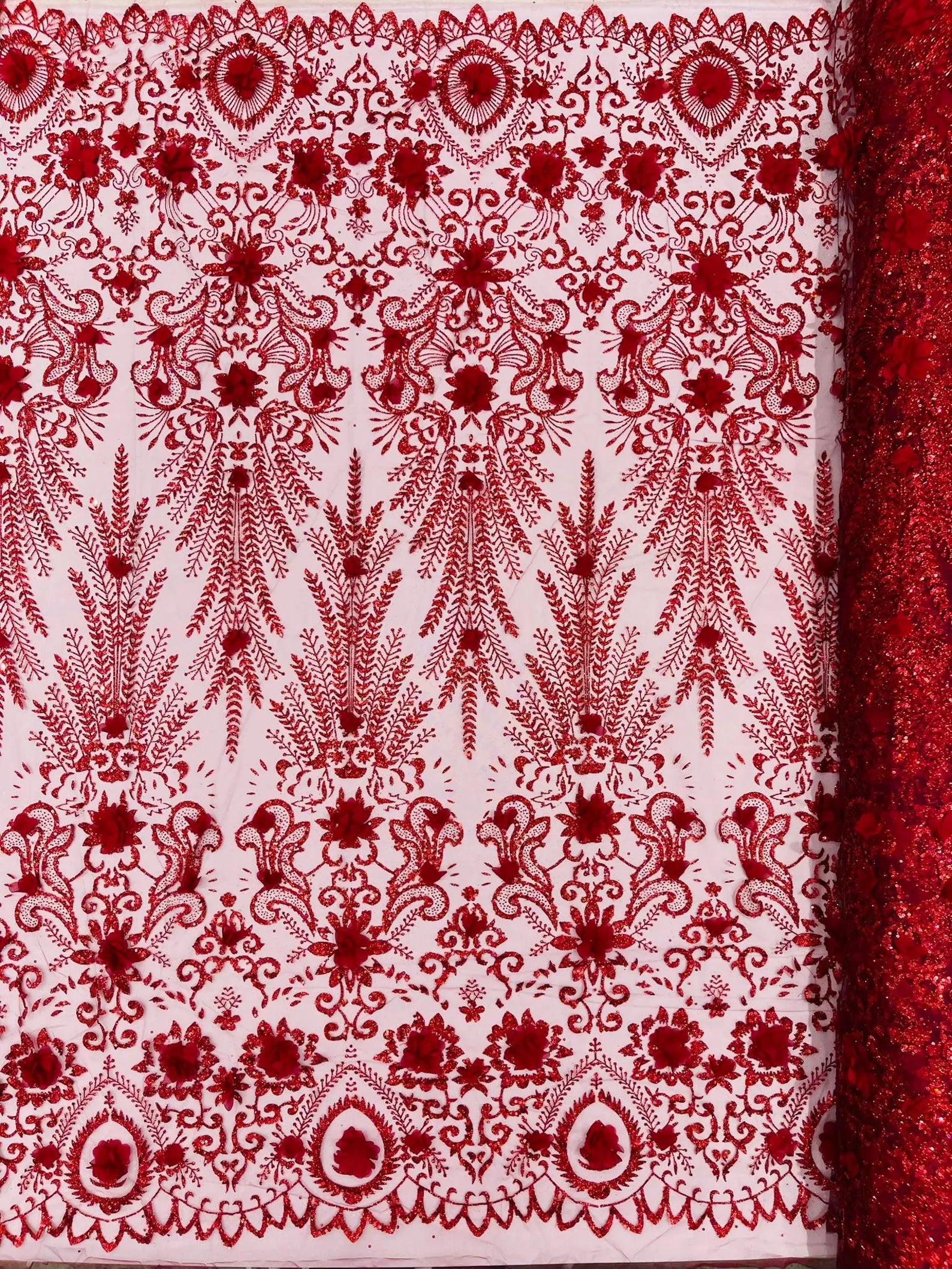 BURGUNDY - Floral 3D Floral Damask with Glitter in a Mesh Lace- Sold By The Yard.
