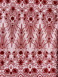 BURGUNDY - Floral 3D Floral Damask with Glitter in a Mesh Lace- Sold By The Yard.