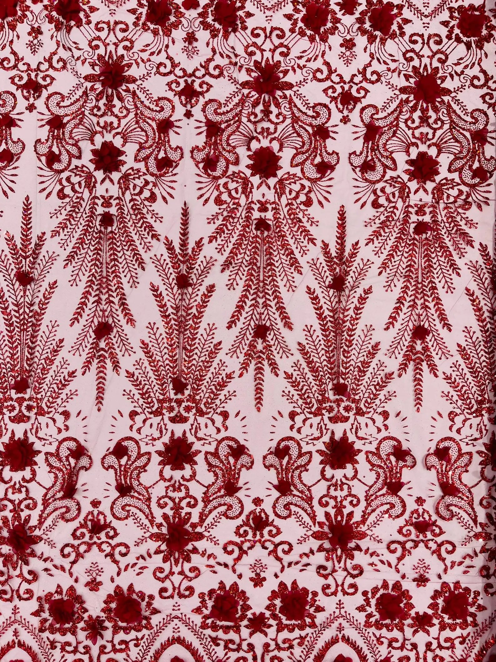 BURGUNDY - Floral 3D Floral Damask with Glitter in a Mesh Lace- Sold By The Yard.