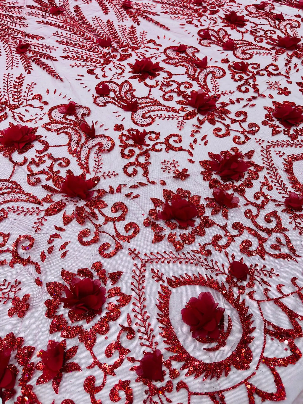 BURGUNDY - Floral 3D Floral Damask with Glitter in a Mesh Lace- Sold By The Yard.