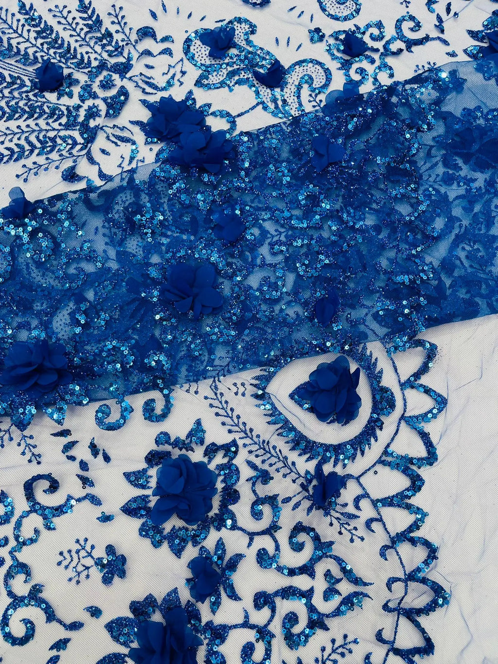 ROYAL BLUE - Floral 3D Floral Damask with Glitter in a Mesh Lace- Sold By The Yard.