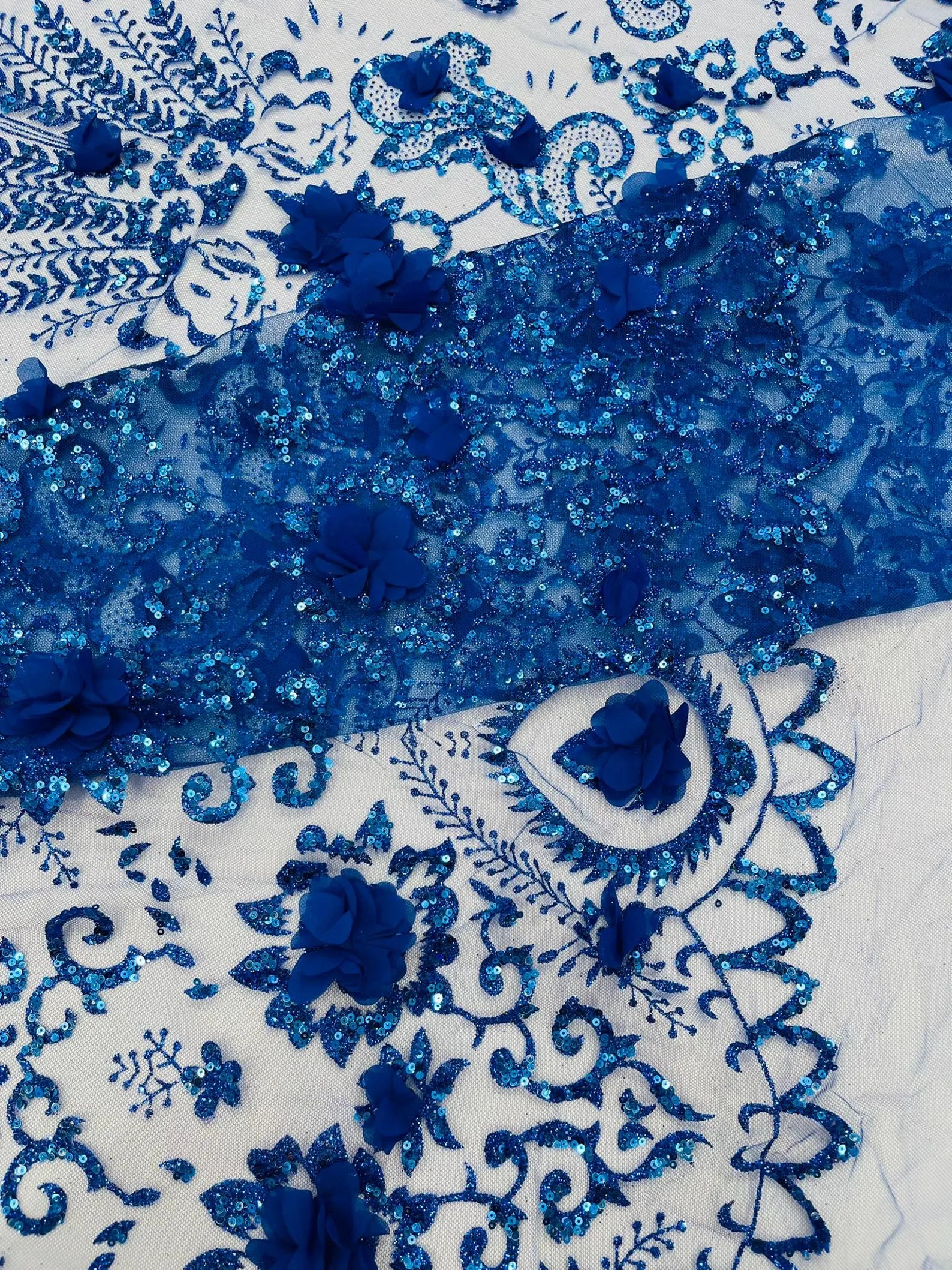ROYAL BLUE - Floral 3D Floral Damask with Glitter in a Mesh Lace- Sold By The Yard.