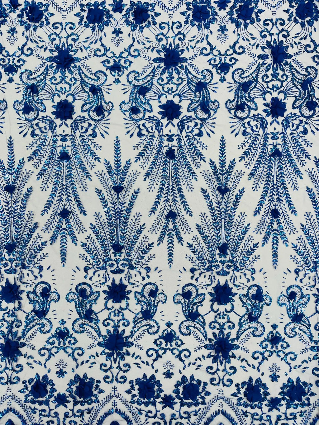 ROYAL BLUE - Floral 3D Floral Damask with Glitter in a Mesh Lace- Sold By The Yard.