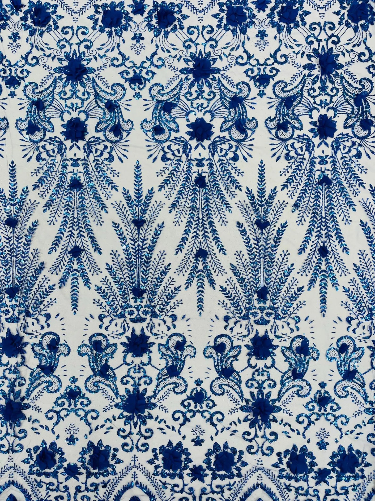 ROYAL BLUE - Floral 3D Floral Damask with Glitter in a Mesh Lace- Sold By The Yard.
