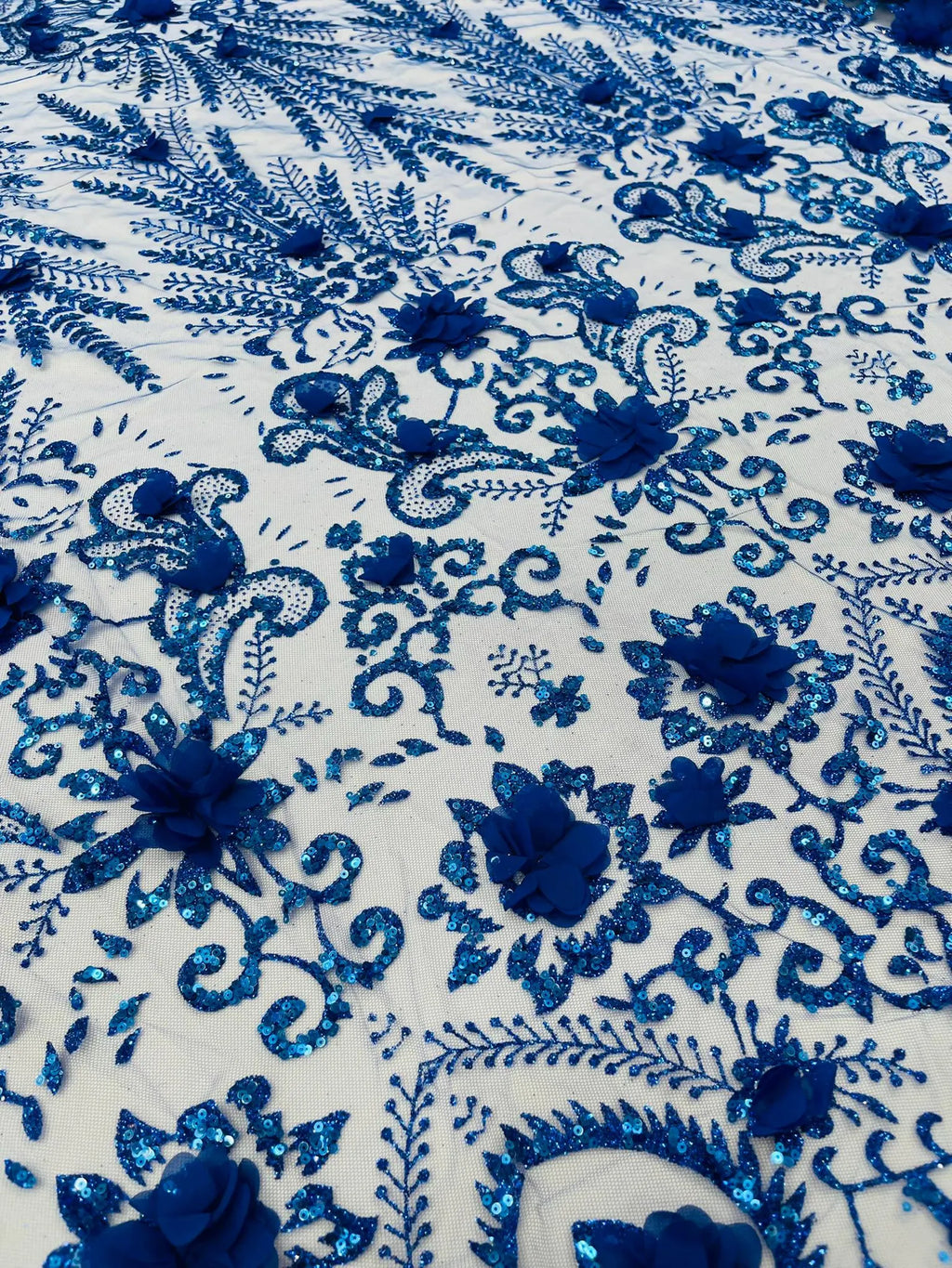 ROYAL BLUE - Floral 3D Floral Damask with Glitter in a Mesh Lace- Sold By The Yard.