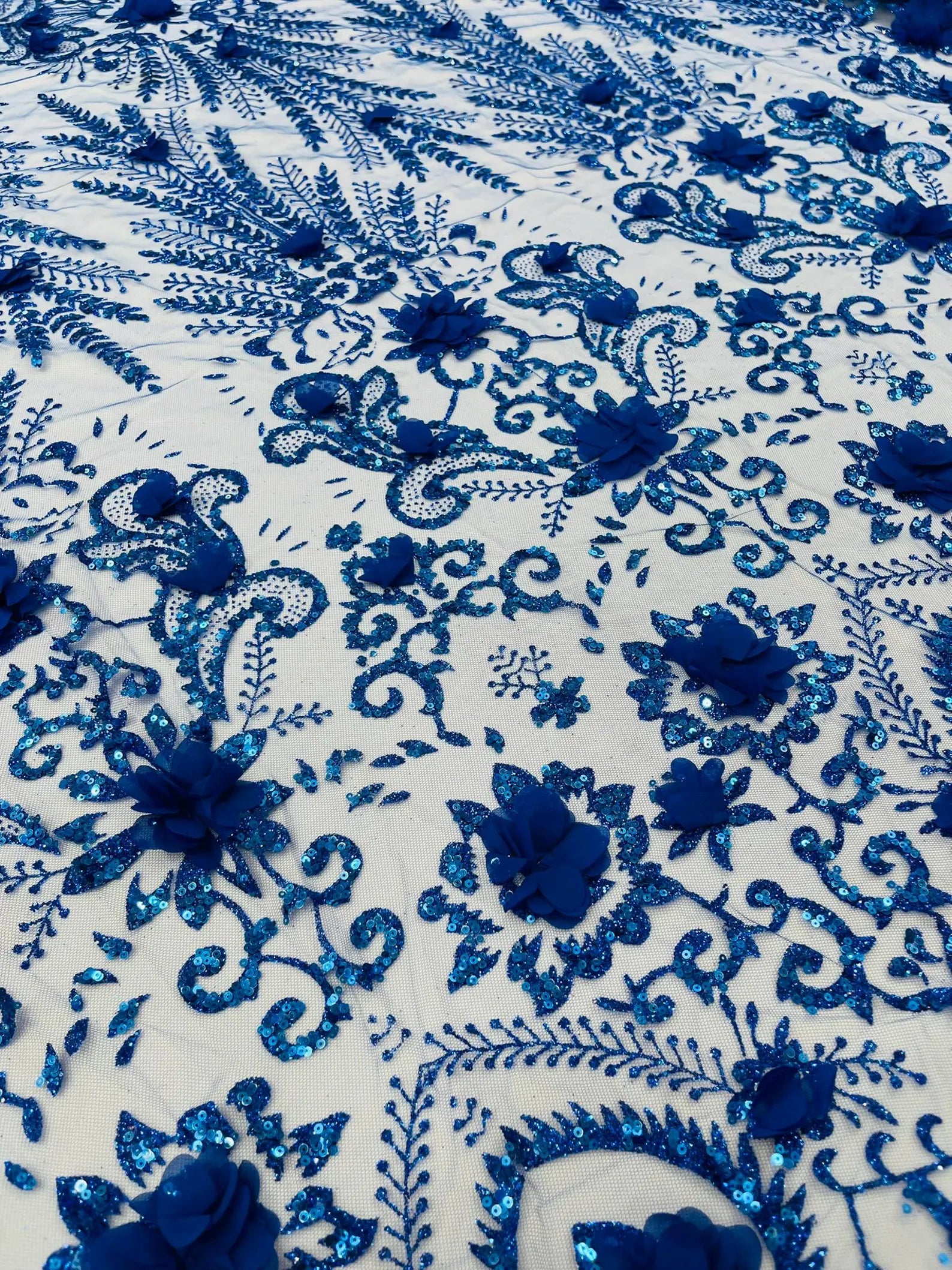 ROYAL BLUE - Floral 3D Floral Damask with Glitter in a Mesh Lace- Sold By The Yard.