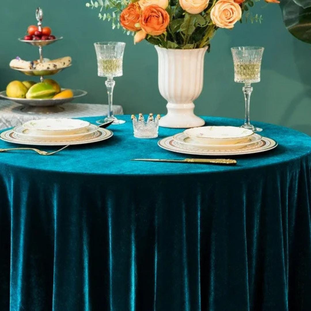 Round Stretch Velvet Tablecloth - 108" - 120" - 132" Luxurious Elegant Tablecloth for Wedding, Parties and Events. Choose Size & Color Below