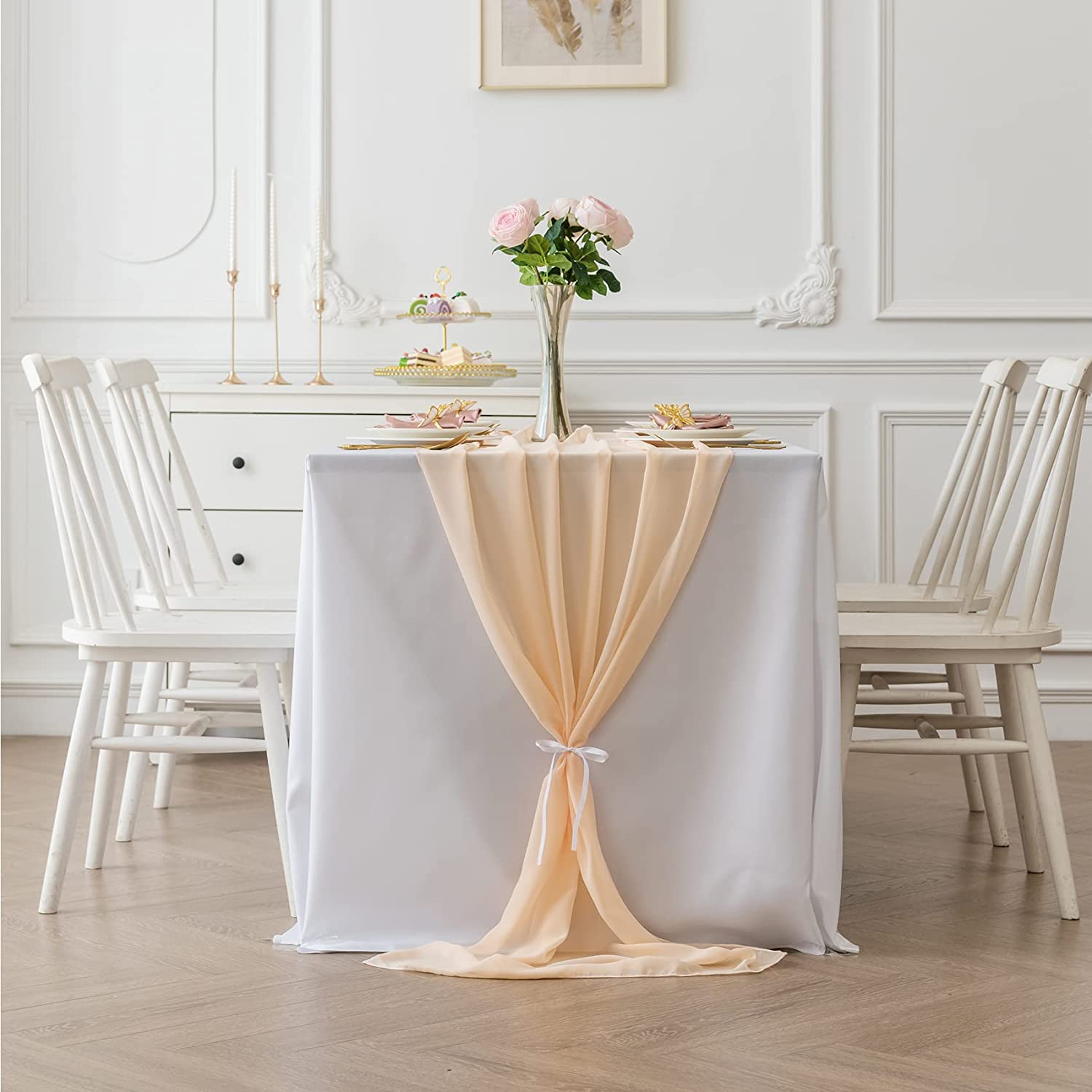 PEACH - Chiffon Table Runner, 2 Pcs Wedding Table Runner, Sheer Decor for Romantic Bridal Shower, Baby Shower, Birthday Party Cake Table