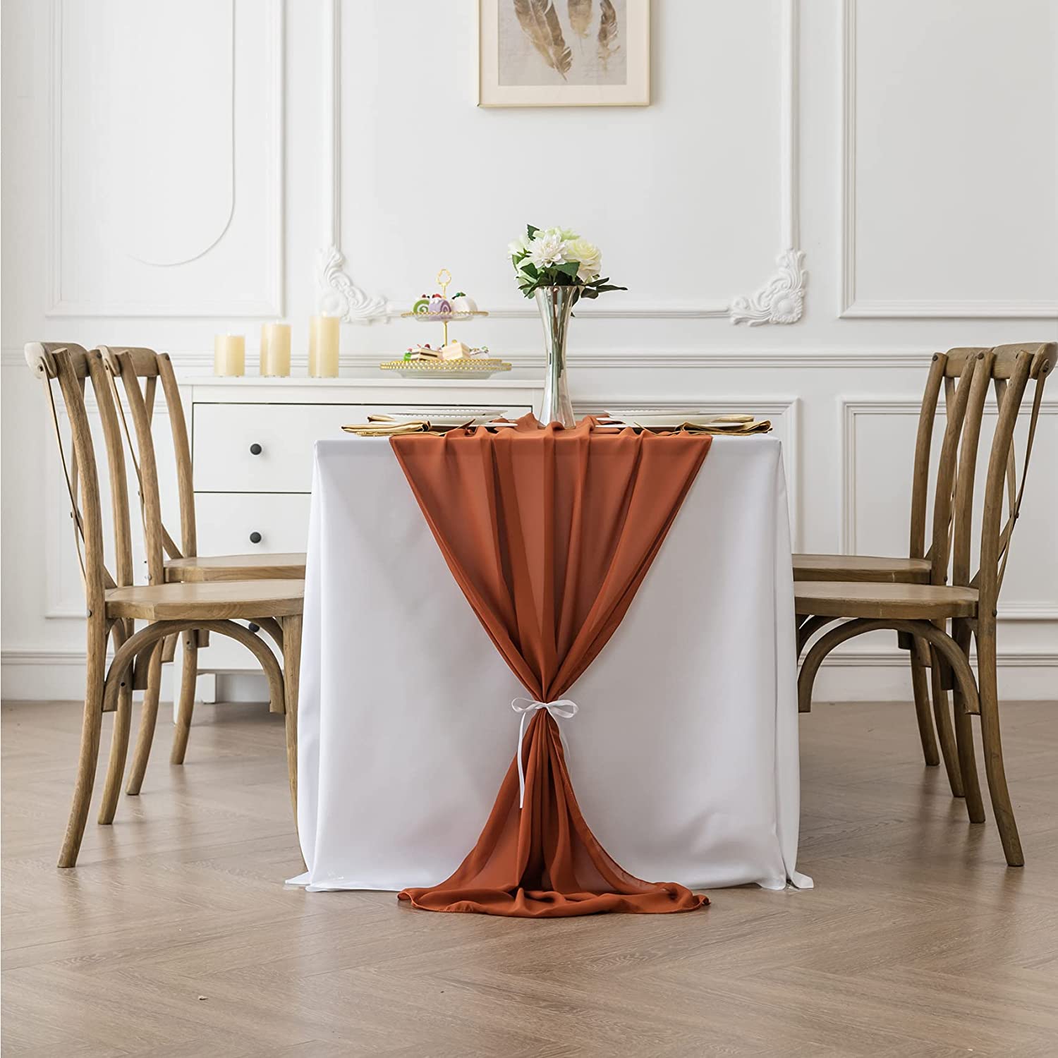 RUST - Chiffon Table Runner, 2 Pcs Wedding Table Runner, Sheer Decor for Romantic Bridal Shower, Baby Shower, Birthday Party Cake Table