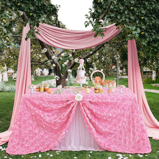 PINK - 3D Satin Rosette Rectangular Tablecloth - Rosette Tablecloth 3D Flowers Satin Overlay for Wedding Reception Table Decoration