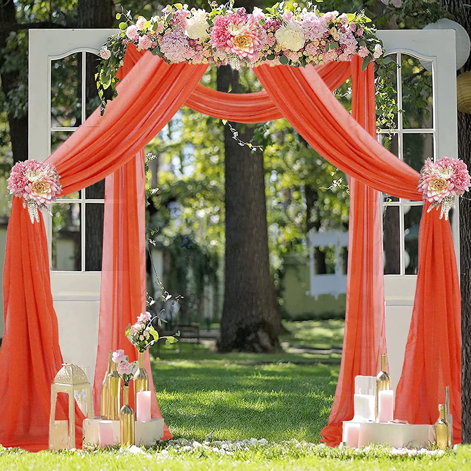 ORANGE - Wedding Arch Draping Fabric - 21 Ft By 29"- 2 Panels Chiffon Fabric Drapery Party Ceiling Drapes Archway Drapes for Wedding Sheer