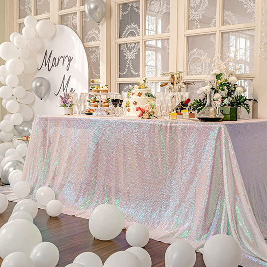 Square Overlay Sequin Tablecloth - WHITE IRIDESCENT - Glitter Tablecloth for Bridal Shower Decorations, Birthday, Wedding, Dessert, Banquet