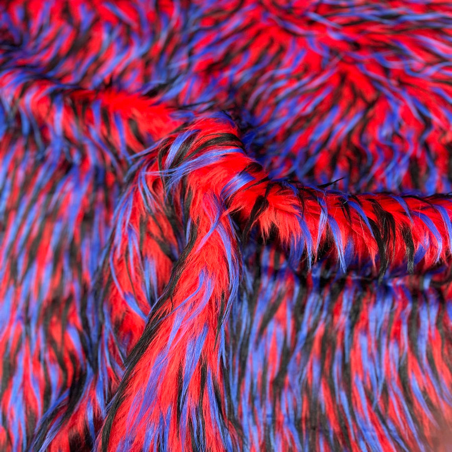 BLUE - BLACK - On Red 3 Tone Spiked Shaggy Long Pile Fabric / Sold by The Yard - For Blankets Fashion Clothing Coats