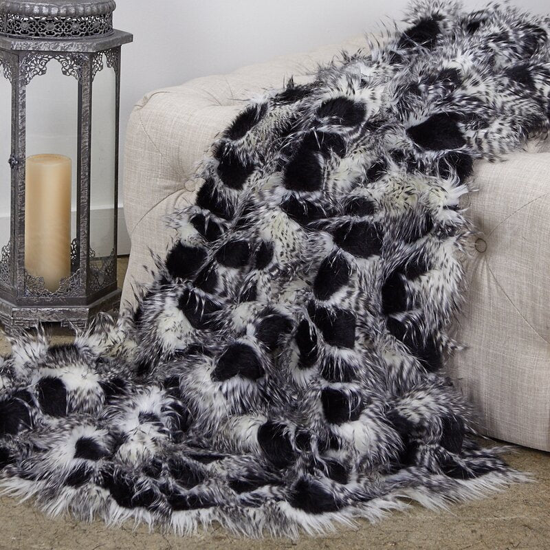 BLACK - WHITE - Faux Fake Fur Feathered Bird Long Pile Fabric - For Blankets Fashion Clothing Coats - Scarfs Rugs Crafts Decor