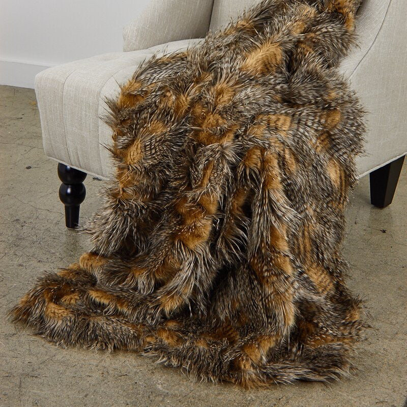 BROWN - GOLD - Faux Fake Fur Feathered Bird Long Pile Fabric - For Blankets Fashion Clothing Coats - Scarfs Rugs Crafts Decor