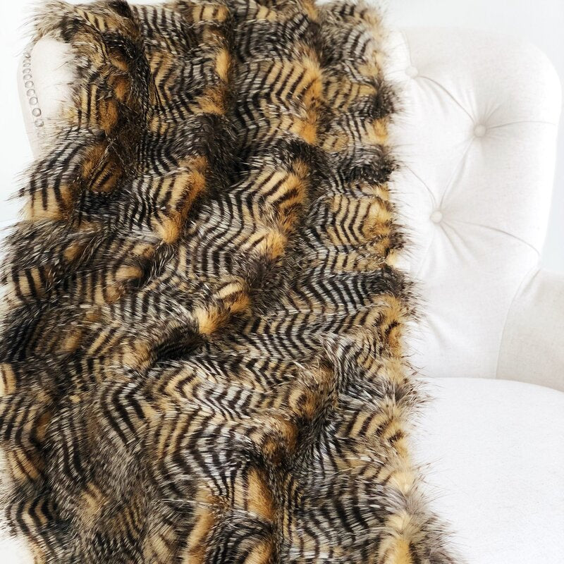BROWN - GOLD - Faux Fake Fur Feathered Bird Long Pile Fabric - For Blankets Fashion Clothing Coats - Scarfs Rugs Crafts Decor