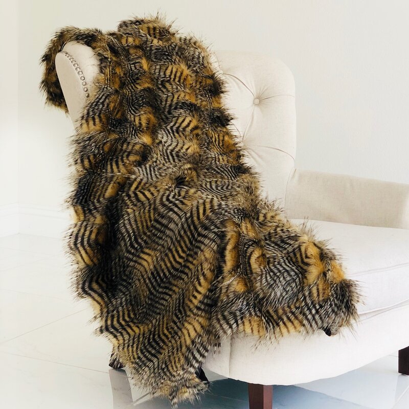 BROWN - GOLD - Faux Fake Fur Feathered Bird Long Pile Fabric - For Blankets Fashion Clothing Coats - Scarfs Rugs Crafts Decor