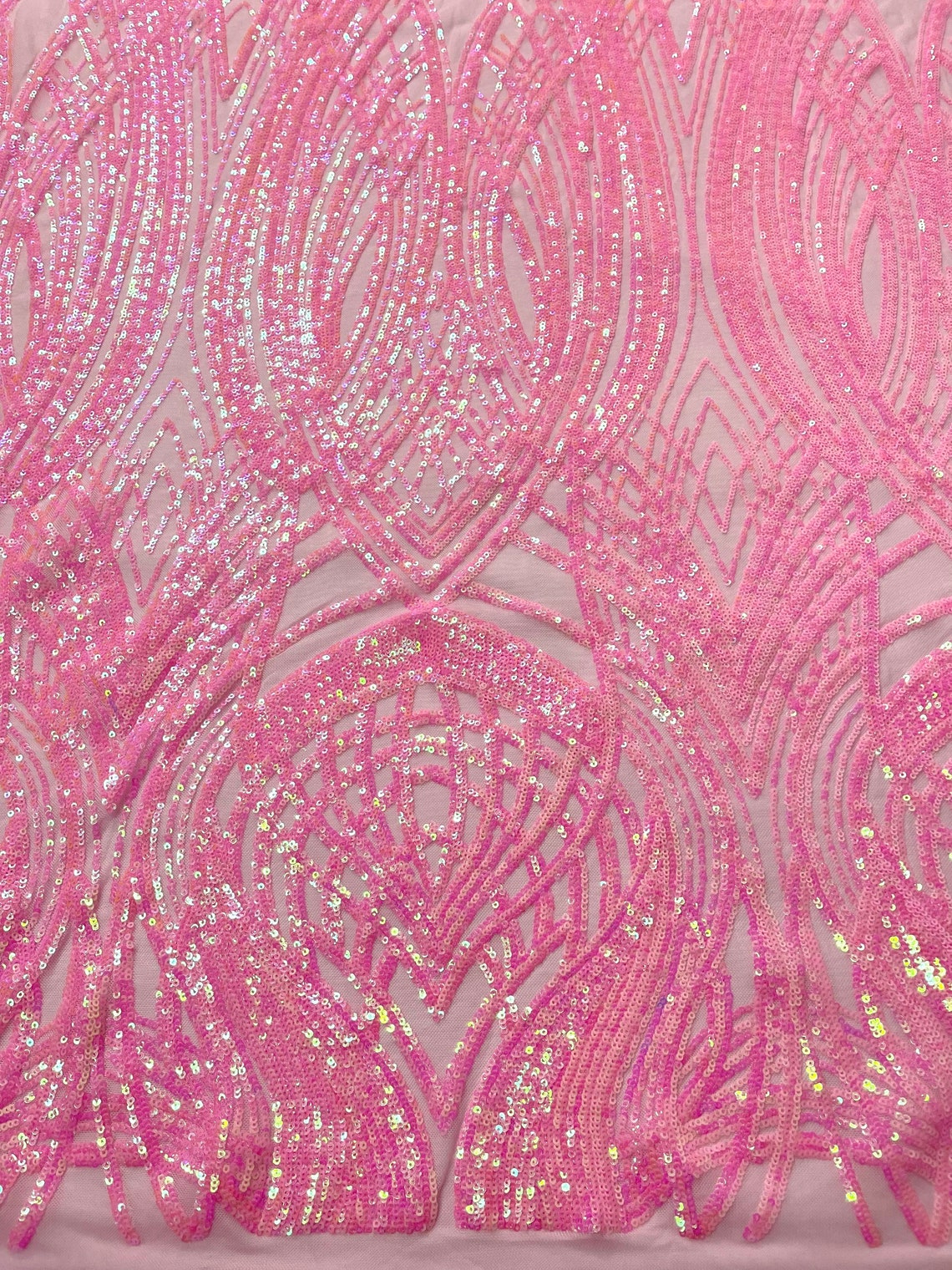 Fish Tale Luxury Fashion Design with Sequins Embroider on a - CANDY PINK - 4 Way Stretch Mesh Fabric-Sold by The Yard.