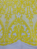 High Designs Fashion Design with Sequins Embroider on a 4 Way Stretch Mesh Fabric-Sold by The Yard. Yellow/Nude
