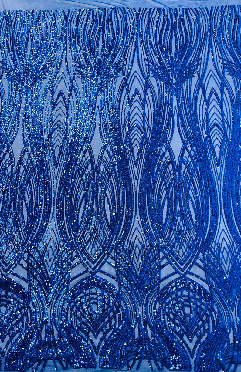 Fish Tale Luxury Fashion Design with Sequins Embroider on a - ROYAL - 4 Way Stretch Mesh Fabric-Sold by The Yard.