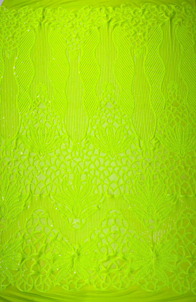 NEON GREEN - Luxury Fashion Design with Sequins Embroider on a 4 Way Stretch Mesh Fabric-Sold by The Yard.
