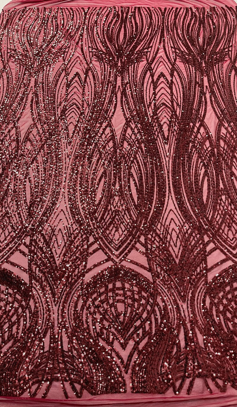 Fish Tale Luxury Fashion Design with Sequins Embroider on a - BURGUNDY - 4 Way Stretch Mesh Fabric-Sold by The Yard.