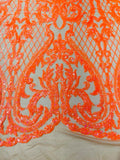 High Designs Fashion Design with Sequins Embroider on a 4 Way Stretch Mesh Fabric-Sold by The Yard. Orange Nude