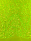 High Designs Fashion Design with Sequins Embroider on a 4 Way Stretch Mesh Fabric-Sold by The Yard. Neon Green