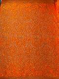 POSEIDON - Designs Fashion Design with Sequins Embroider on a 4 Way Stretch Mesh Fabric-Sold by The Yard. ORANGE