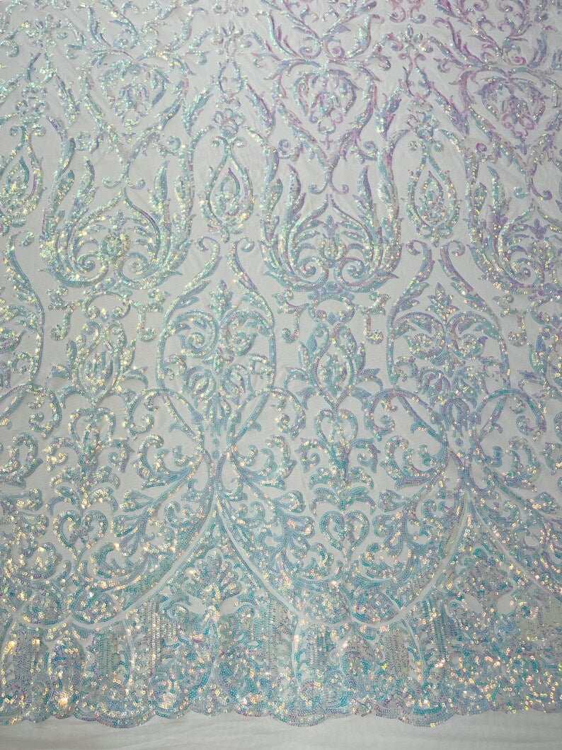 POSEIDON - Designs Fashion Design with Sequins Embroider on a 4 Way Stretch Mesh Fabric-Sold by The Yard. AQUA CLEAR