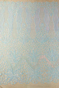AQUA - Iridescent Fashion Design with Sequins Embroider on a 4 Way Stretch Mesh Fabric-Sold by The Yard.