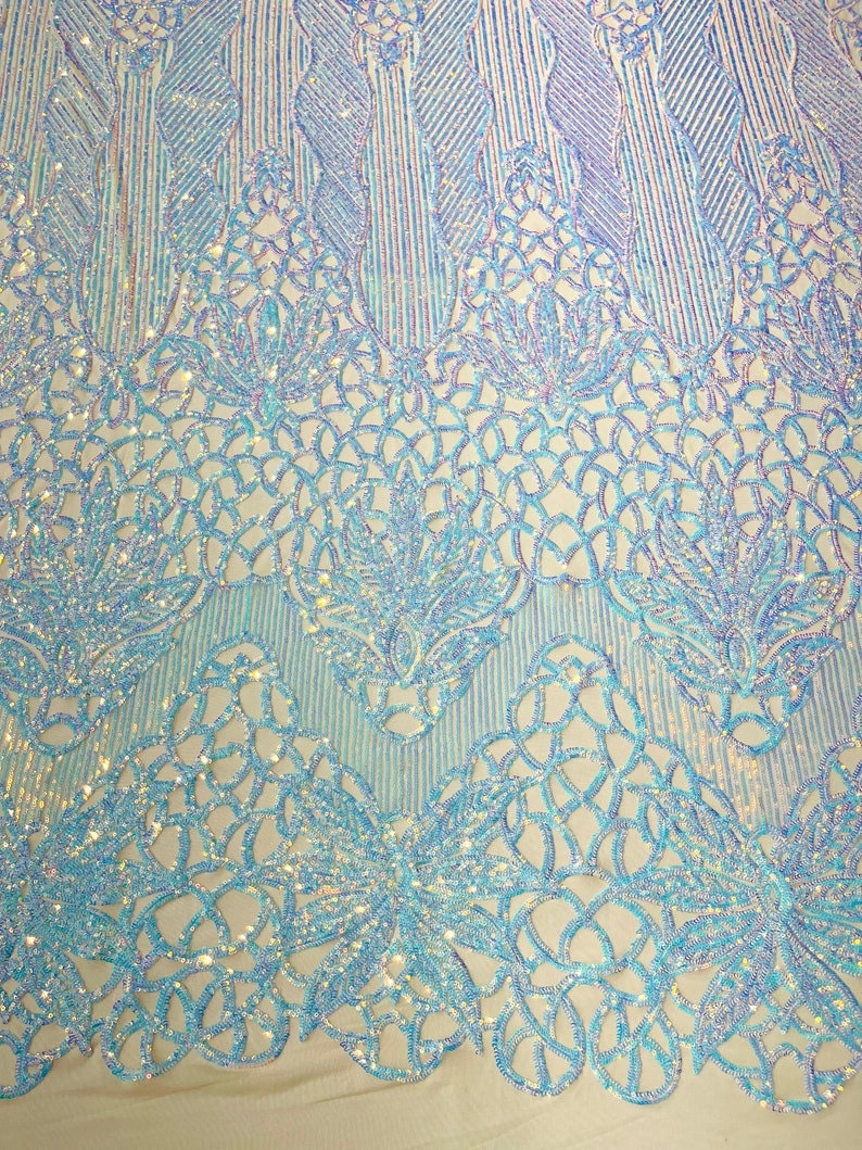 AQUA CLEAR - Iridescent Fashion Design with Sequins Embroider on a 4 Way Stretch Mesh Fabric-Sold by The Yard.