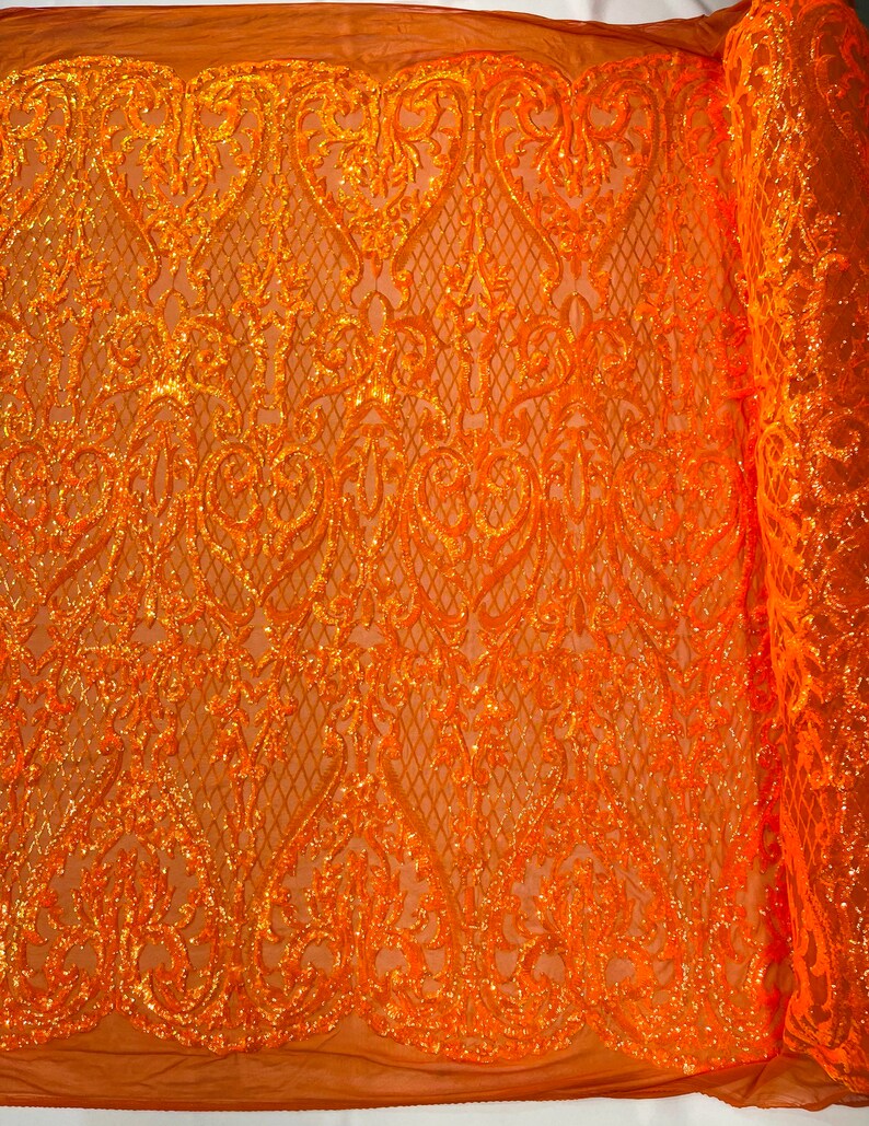 High Designs Fashion Design with Sequins Embroider on a 4 Way Stretch Mesh Fabric-Sold by The Yard. Orange