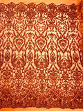 POSEIDON - Designs Fashion Design with Sequins Embroider on a 4 Way Stretch Mesh Fabric-Sold by The Yard. BURNT ORANGE