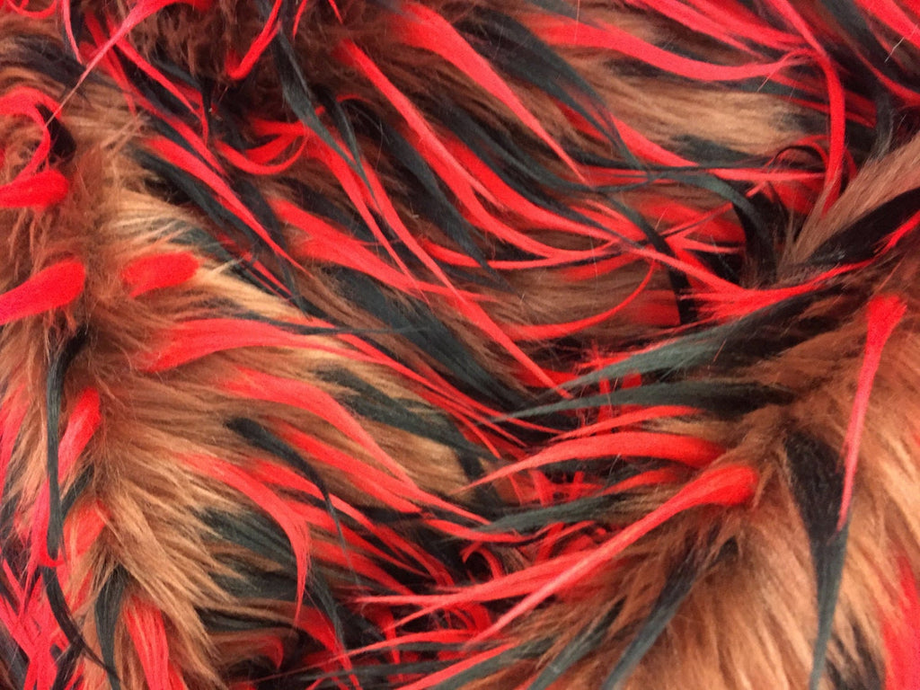 RED - BLACK - On Tan 3 Tone Spiked Shaggy Long Pile Fabric / Sold by The Yard - For Blankets Fashion Clothing Coats