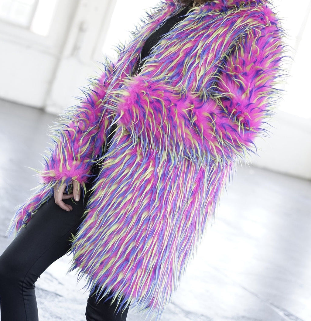 YELLOW - FUCHSIA - On Black 3 Tone Spiked Shaggy Long Pile Fabric / Sold by The Yard - For Blankets Fashion Clothing Coats