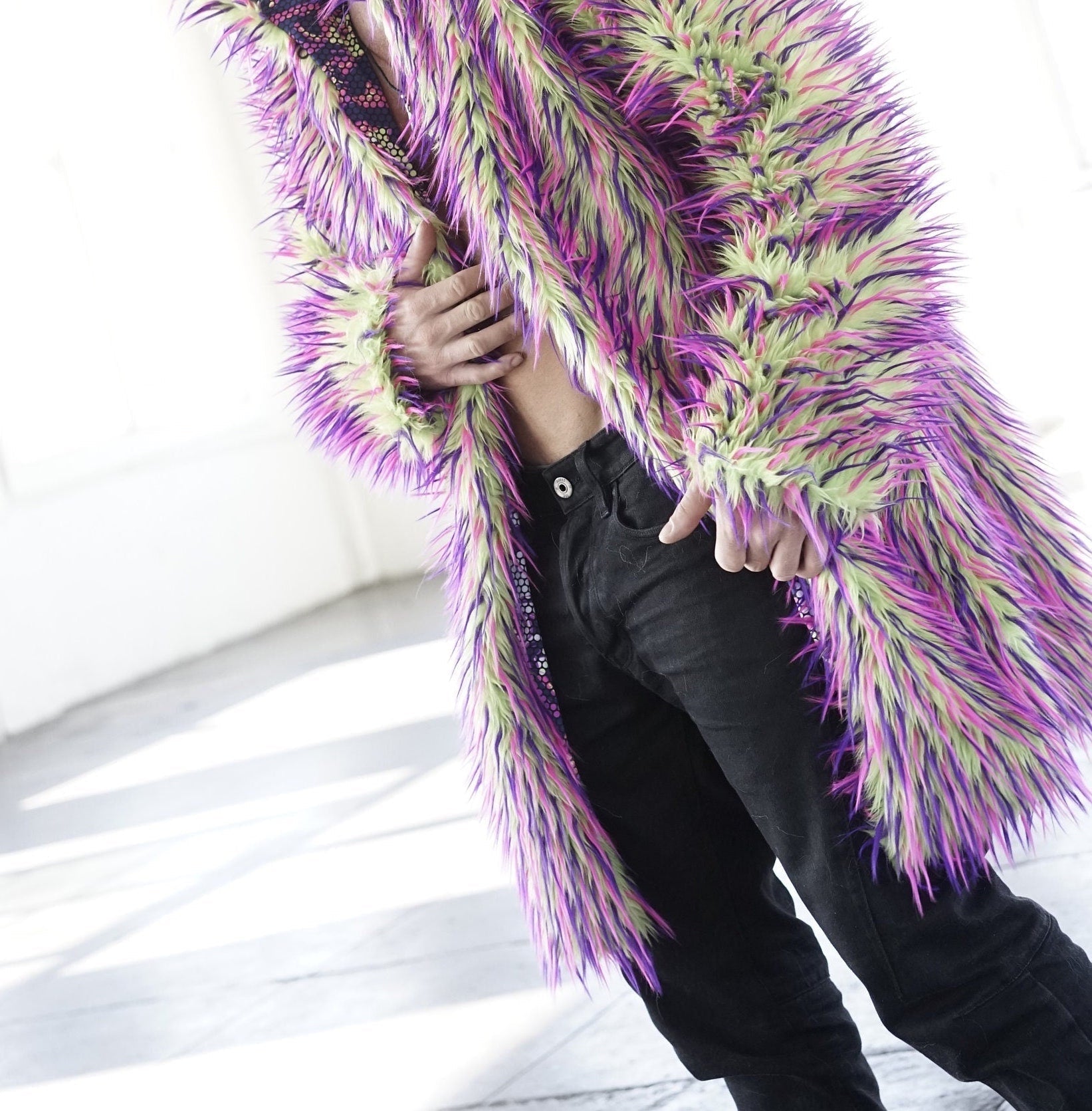 TURQUOISE - PURPLE - On Black 3 Tone Spiked Shaggy Long Pile Fabric / Sold by The Yard - For Blankets Fashion Clothing Coats