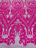 Luxury Fashion Design with Sequins Embroider on a 4 Way Stretch Mesh Fabric-Sold by The Yard. Neon Pink Iridescent