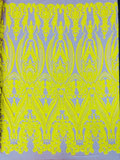 Luxury Fashion Design with Sequins Embroider on a 4 Way Stretch Mesh Fabric-Sold by The Yard. Bright Yellow Iridescent