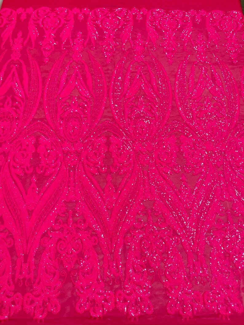 Luxury Fashion Design with Sequins Embroider on a 4 Way Stretch Mesh Fabric-Sold by The Yard.  Hot Pink