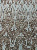 Luxury Fashion Design with Sequins Embroider on a 4 Way Stretch Mesh Fabric-Sold by The Yard. Champagne