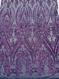Luxury Fashion Design with Sequins Embroider on a 4 Way Stretch Mesh Fabric-Sold by The Yard. Purple