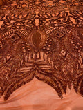 Mermaid Fashion Design with Sequins Embroider on a 4 Way Stretch Mesh Fabric-Sold by The Yard. Burnt Orange