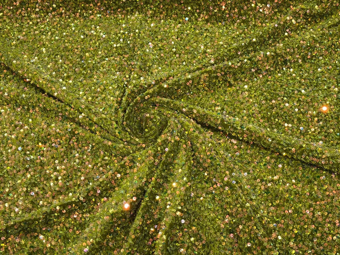 5mm Sequins on a Stretch Velvet 2-Way Stretch Sold By The Yard. Clear Olive Green For Prom Dress Evening Wedding Bridal Gowns