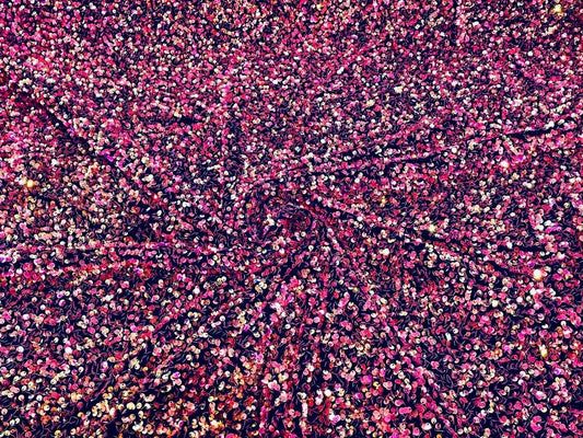 5mm Sequins on a Stretch Velvet 2-Way Stretch Sold By The Yard. Clear Fuchsia Gold