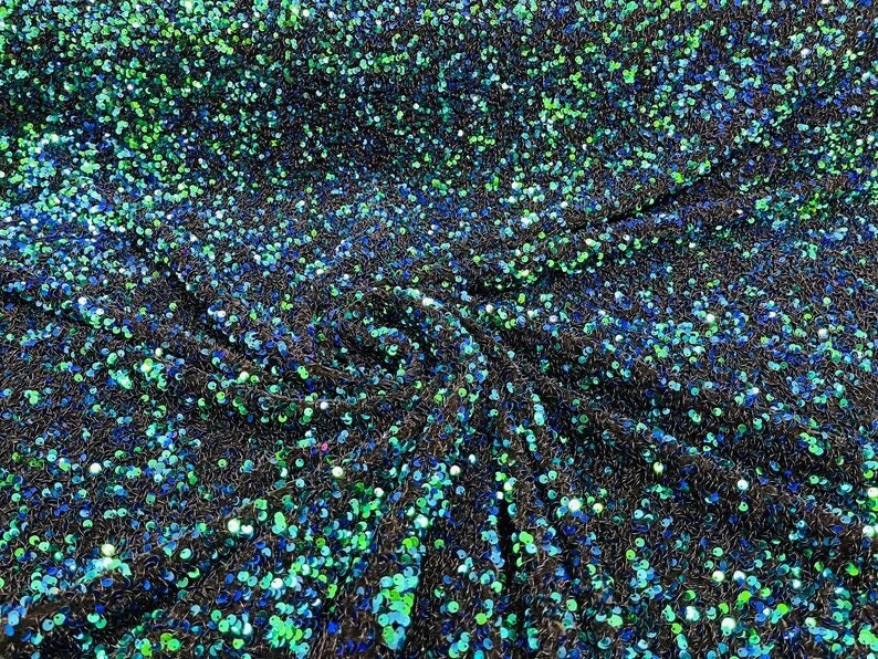 5mm Sequins on a Stretch Velvet 2-Way Stretch Sold By The Yard. Peacock Green Iridescent For Prom Dress Evening Wedding Bridal Gowns
